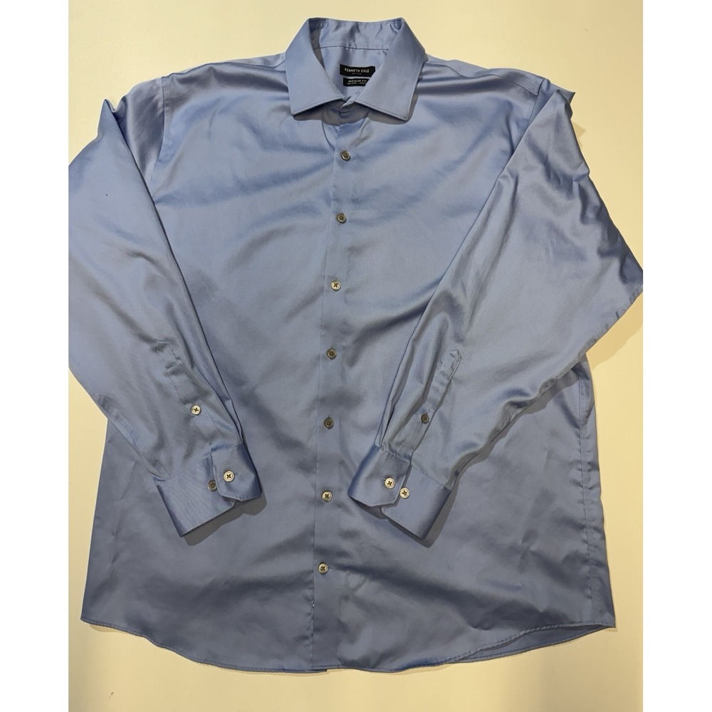 Men's Kenneth Cole Dress Shirt Size 17 34/35 Blue Long Sleeve Non-Iron Stretch‎